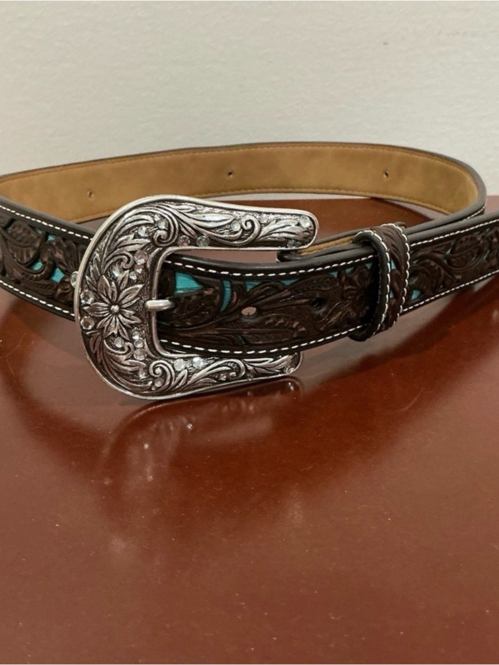 Ariat Brown Tooled Leather Belt with Turquoise Accents and Silver Buckle